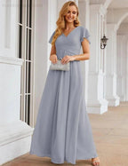 Numbersea Chiffon Bridesmaid Dress Cap Sleeves Maxi Prom Gowns Party Wedding Mother of The Bride Dresses for Women SEA28047