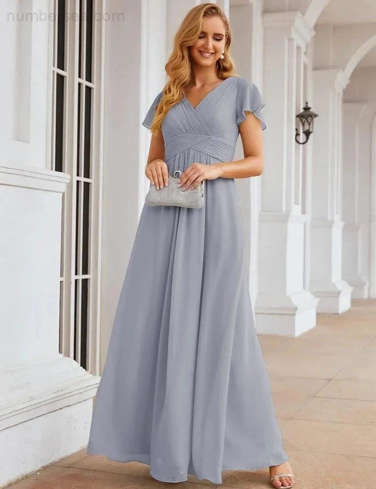 Numbersea Chiffon Bridesmaid Dress Cap Sleeves Maxi Prom Gowns Party Wedding Mother of The Bride Dresses for Women SEA28047