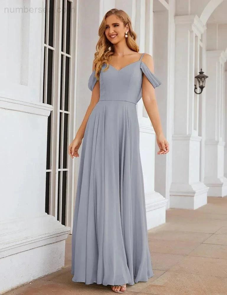 Numbersea Cold Shoulder Chiffon Bridesmaid Dresses Long Maxi Formal Prom Gowns for Women Party  SEA28059