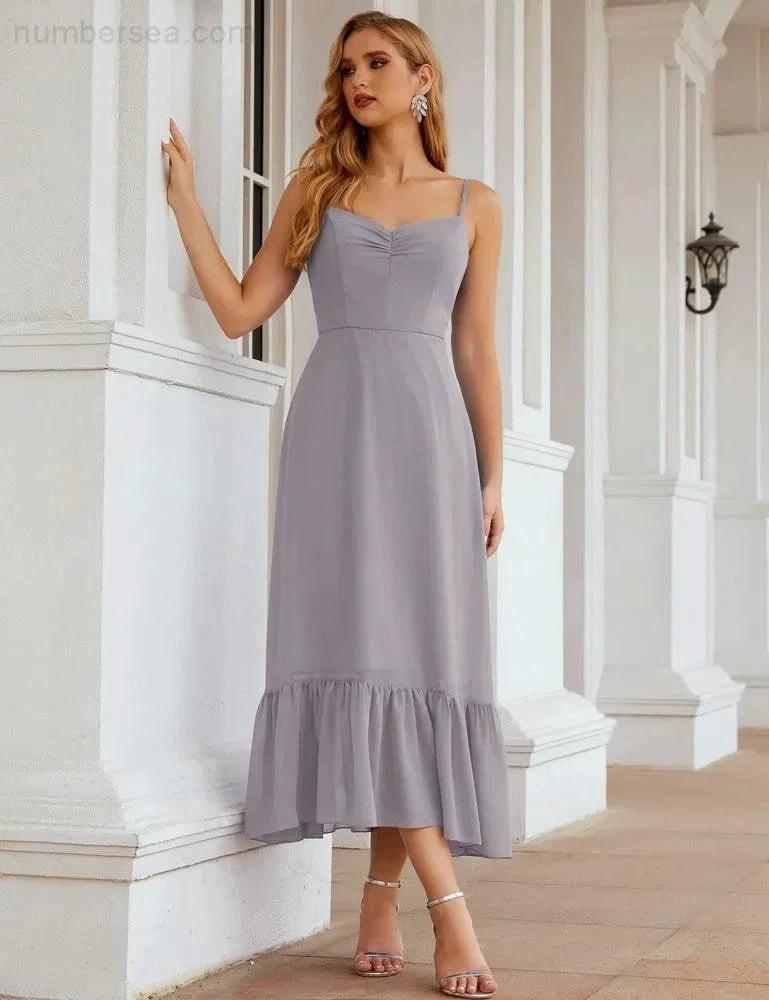 Numbersea  Spaghetti Strap Chiffon Bridesmaid Dress Ankle Length Formal A Line Cocktail Party Homecoming Dress for Juniors  SEA28028