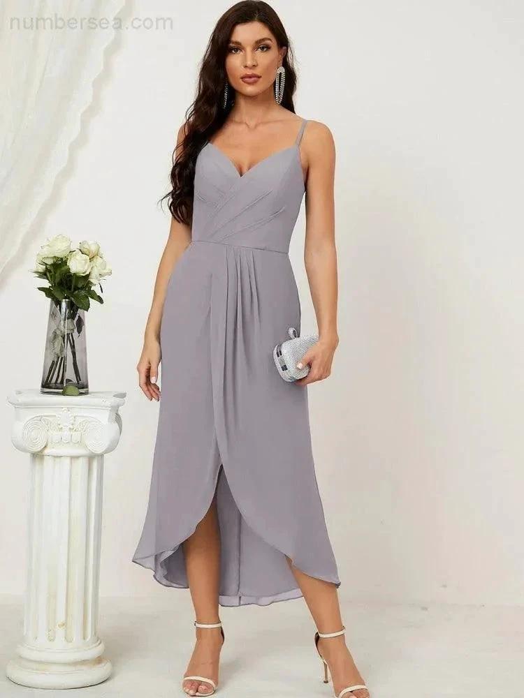 Numbersea Spaghetti Chiffon V Neck Bridesmaid Dress Mid-Length Slit Formal Prom Dress Homecoming Dress 2803
