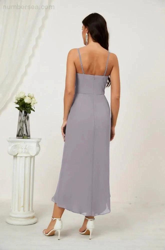 Numbersea Spaghetti Chiffon V Neck Bridesmaid Dress Mid-Length Slit Formal Prom Dress Homecoming Dress 2803