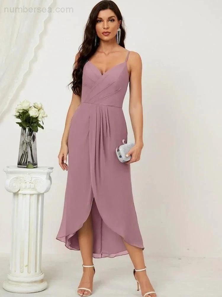 Numbersea Spaghetti Chiffon V Neck Bridesmaid Dress Mid-Length Slit Formal Prom Dress Homecoming Dress 2803
