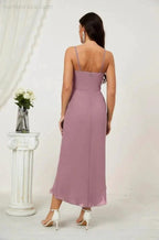 Numbersea Spaghetti Chiffon V Neck Bridesmaid Dress Mid-Length Slit Formal Prom Dress Homecoming Dress 2803