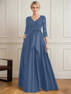 A-line V-Neck Floor-Length Satin Lace Mother of the Bride Dress With Sequins Bow