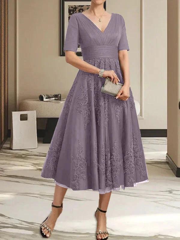 A-line V-Neck Tea-Length Tulle Lace Mother of the Bride Dress With Pleated