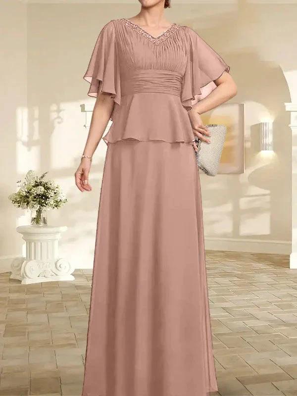 A-line V-Neck Floor-Length Chiffon Mother of the Bride Dress With Pleated Beading