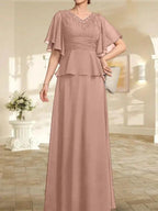 A-line V-Neck Floor-Length Chiffon Mother of the Bride Dress With Pleated Beading