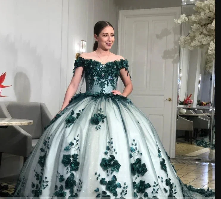 Off Shoulder Ball Gown with 3D Flowers Sweet Birthday Dresses 15 16 Quinceanera Dresses Y1475