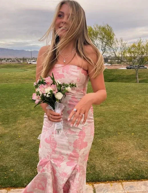 Sweet Pink Satin Print Floral Evening Dress Mermaid Prom Dress Y7828