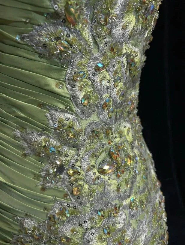 Vintage Green Mermaid Satin Beaded Sequin Evening Dress Spaghetti Strap Long Prom Dress Y8556