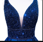 Women's Long Evening Dress Navy Blue V-Neck Sleeveless Open Back Beaded Formal Evening Dress Y1193