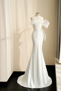 Pretty White Strapless Satin Organza Bow Mermaid Evening Dress,Formal Prom Dress Wedding Dress Y8679