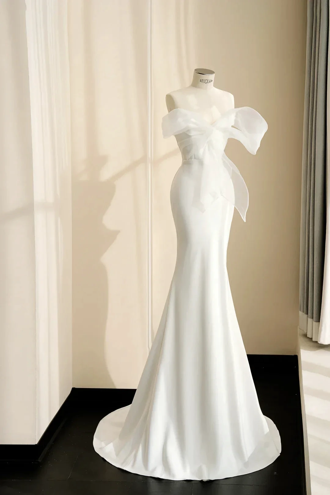 Pretty White Strapless Satin Organza Bow Mermaid Evening Dress,Formal Prom Dress Wedding Dress Y8679