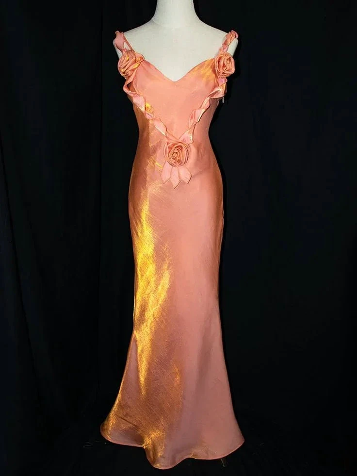 Charming Satin Flowers Long Mermaid Evening Dress Formal Prom Dress Y8219