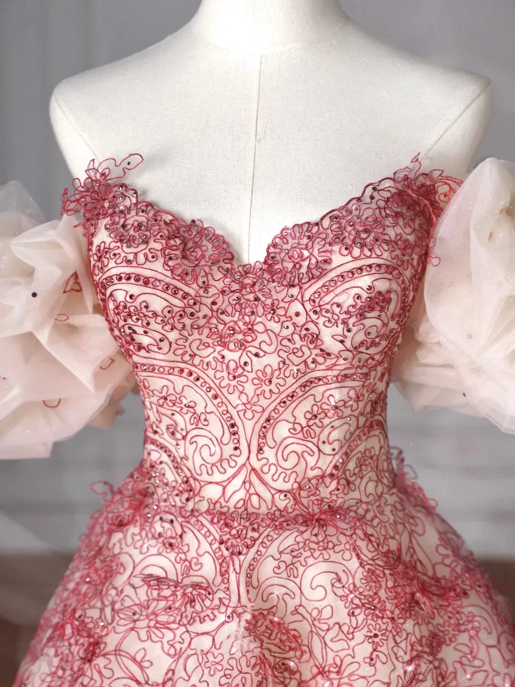 Pretty Tulle Beaded Red A Line Off The Shoulder Prom Dress Evening Dress Formal Birthday Ball Gown Y8621