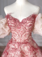 Pretty Tulle Beaded Red A Line Off The Shoulder Prom Dress Evening Dress Formal Birthday Ball Gown Y8621