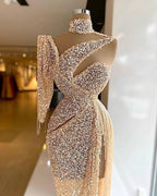 Sparkly Sequin Evening Dress Side Slit Prom Dress One Shoulder Tassels Custom Made Y6411