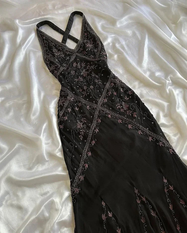 Black Chiffon Beaded Evening Dress Classy Backless Mermaid Prom Dress Y8297