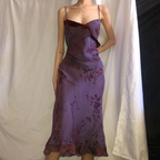 Vintage Print Ruffles Evening Dress Purple Straps Prom Dress Y7876