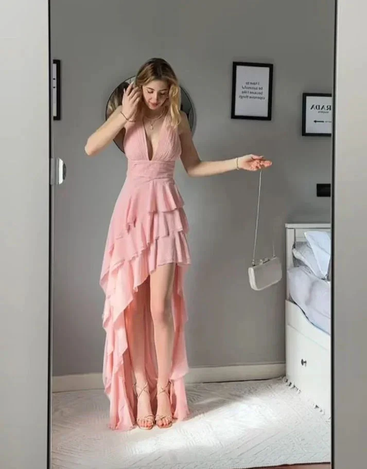 Sexy Deep V Pink Tiered Evening Dress Chiffon Prom Dress Y8062