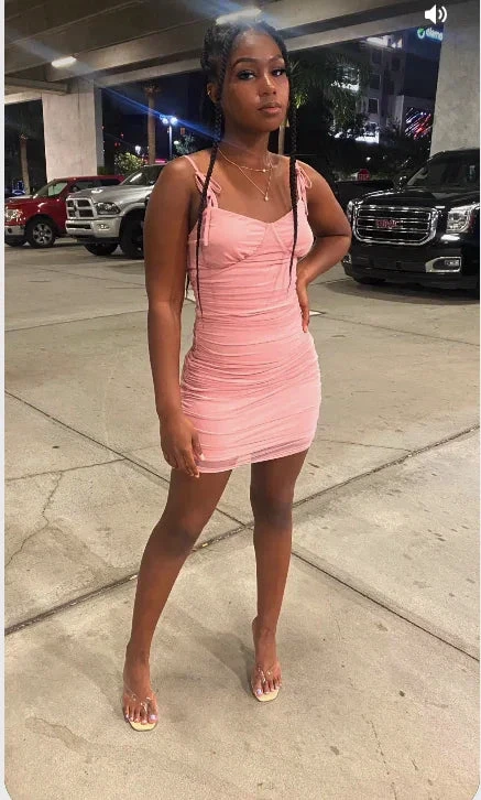 Pink Sleeveless Spaghetti Straps Dress Sexy Pink Homecoming Dress Y835