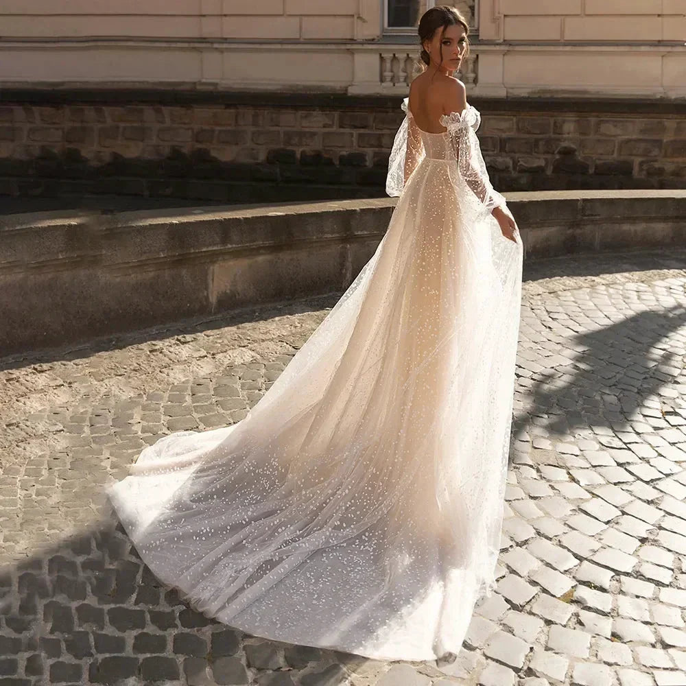 Elegant Beige Card Shoulder Long Sleeve Bridal Sweetheart Tulle Applique Sequin Floor-A line Wedding Evening Gown with Women