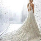 Elegant Beige Gown with Halter Lace A-LINE Sleeveless Cut-out Sweep Train Floor-Length Evening Gown for Women vestidos de novia