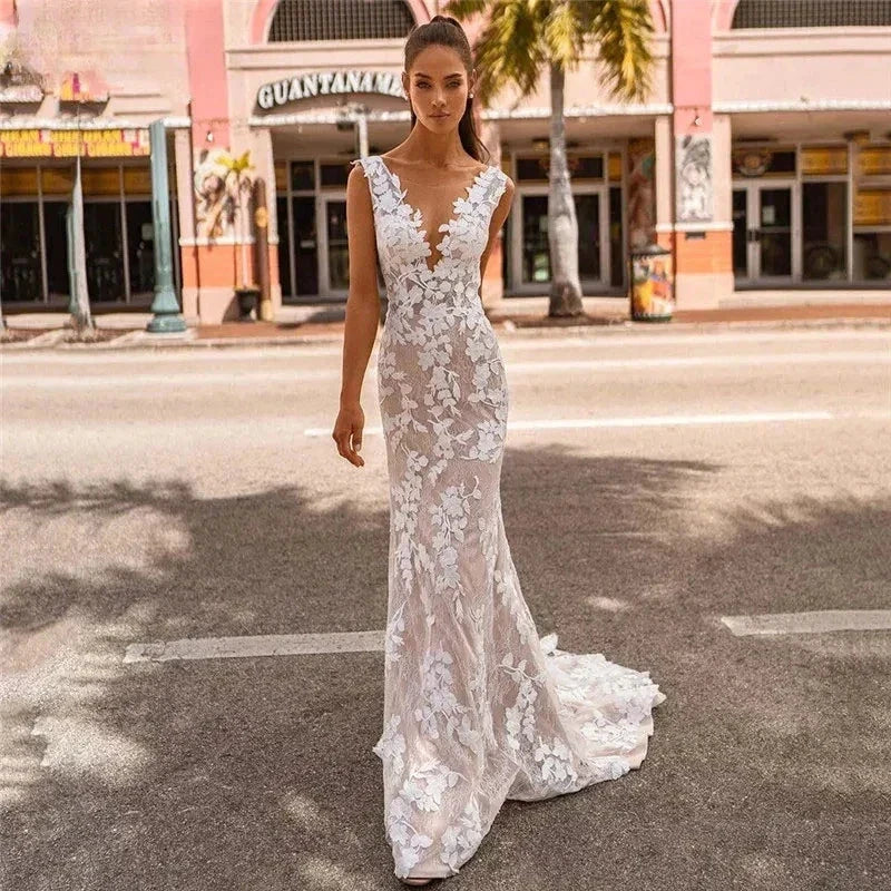 Elegant Lace Mermaid Vestidos De Novia Beach Open Back Sleeveless Wedding Dresses Appliques Vestido De Noiva