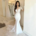 Elegant Lace Mermaid Wedding Dresses For Women Long Sleeve Lace Appliqued Bridal Gown Illusion Back Ivory Vestido De Novias