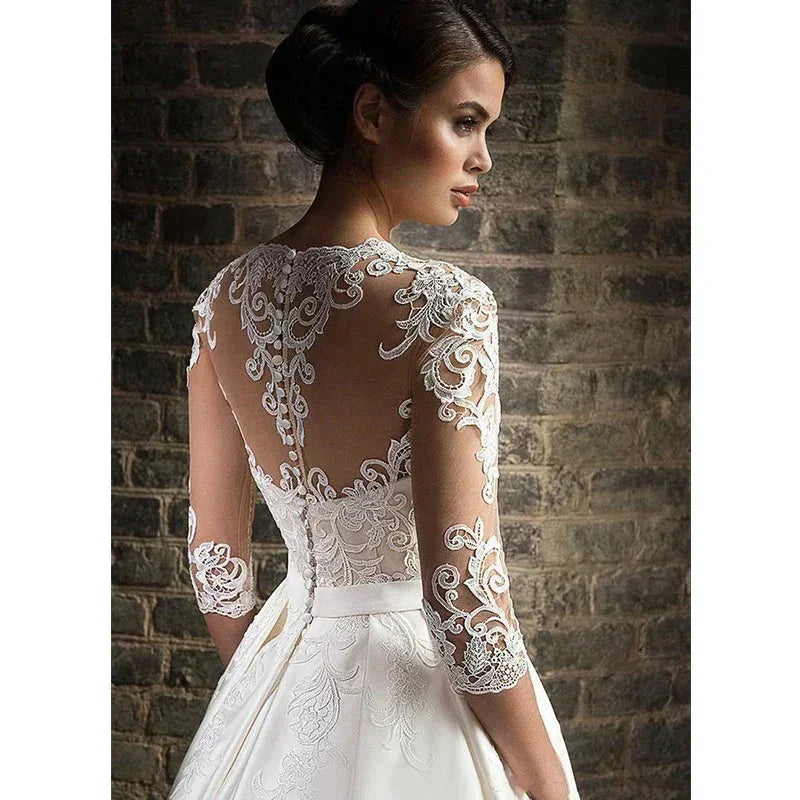 Elegant Lace Wedding Dresses Sexy Deep V-Neck Vestido De Novia Sleeve Bridal Gowns with Pockets Customized Robe Mariee