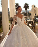 Elegant Long Ivory V-neck Ball Gown Lace Wedding Dress With Long Sleeves