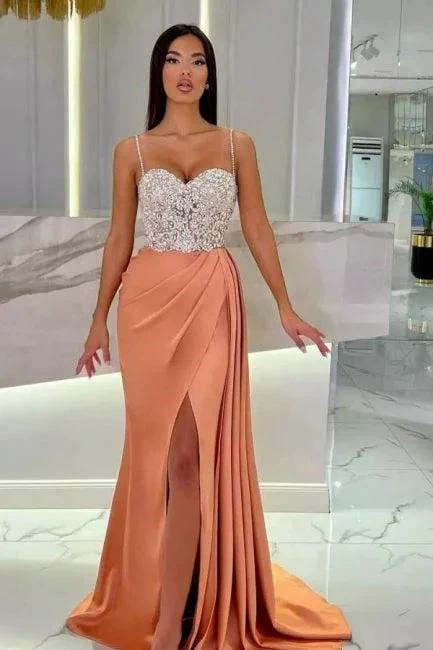Elegant Long Mermaid Spaghetti Straps Sweetheart Glitter Prom Dress With Slit