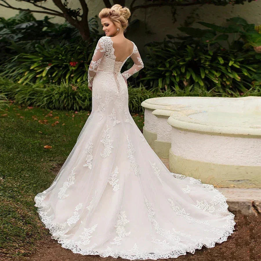 Elegant Long Sleeves Appliques Vestido De Noiva Lace-up back Mermaid Wedding Dress Sexy Backless Vestidos De Novia