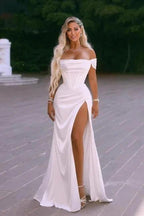 Elegant Split Front Off-The-Shoulder Stain Short Sleeves Floor-Length Wedding Dresses with Ruffles