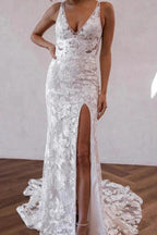 Elegant Mermaid V Neck Lace Boho Wedding Dresses with Slit WD679