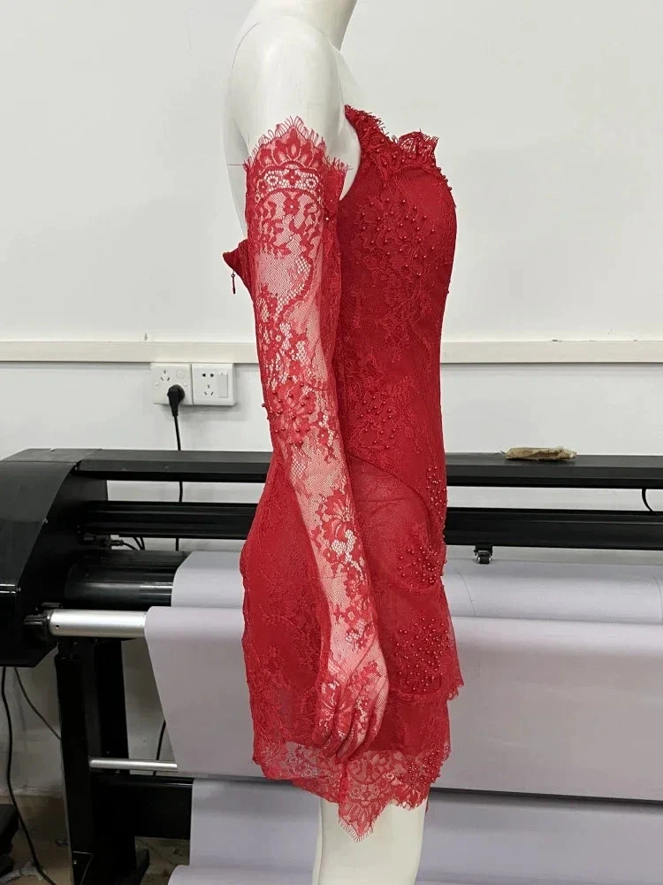 Red Lace Mini Homecoming Dress Red Party Gown Y7387