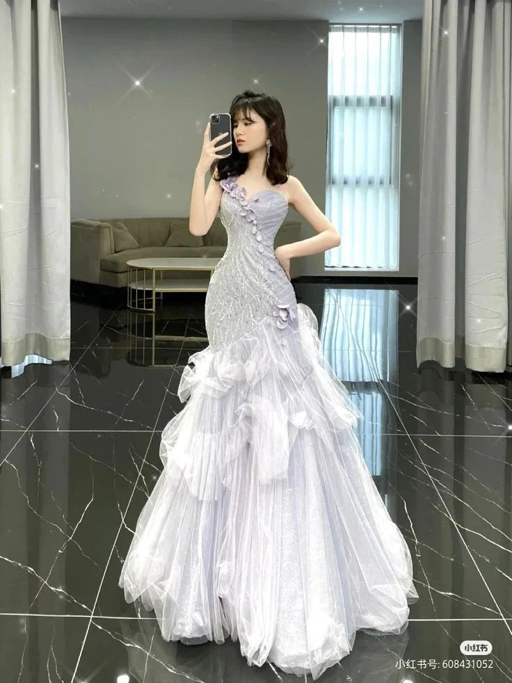 Charming Tulle Sequins Beaded Evening Dress Lilac Mermaid Prom Dress Y8224