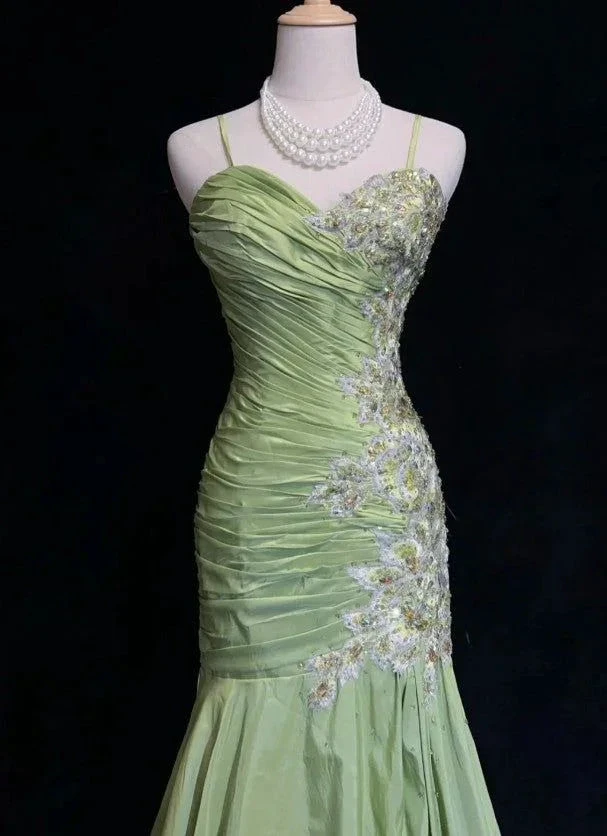 Vintage Green Mermaid Satin Beaded Sequin Evening Dress Spaghetti Strap Long Prom Dress Y8556