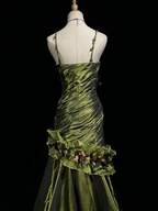 Vintage Dark Green Irregular Neckline Satin Beaded Evening Dress Ruched Mermaid Prom Dress Y8560