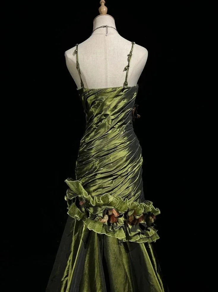 Vintage Dark Green Irregular Neckline Satin Beaded Evening Dress Ruched Mermaid Prom Dress Y8560