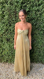 Women's Metallic Strapless Gold Long Evening Dress Y2803