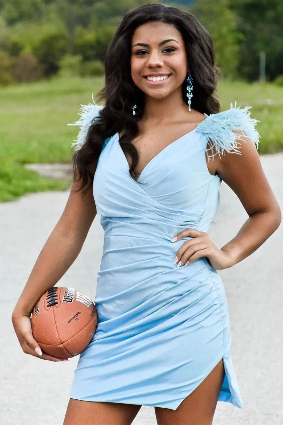 Sheath Pleated Jersey Homecoming Dress with Feathers