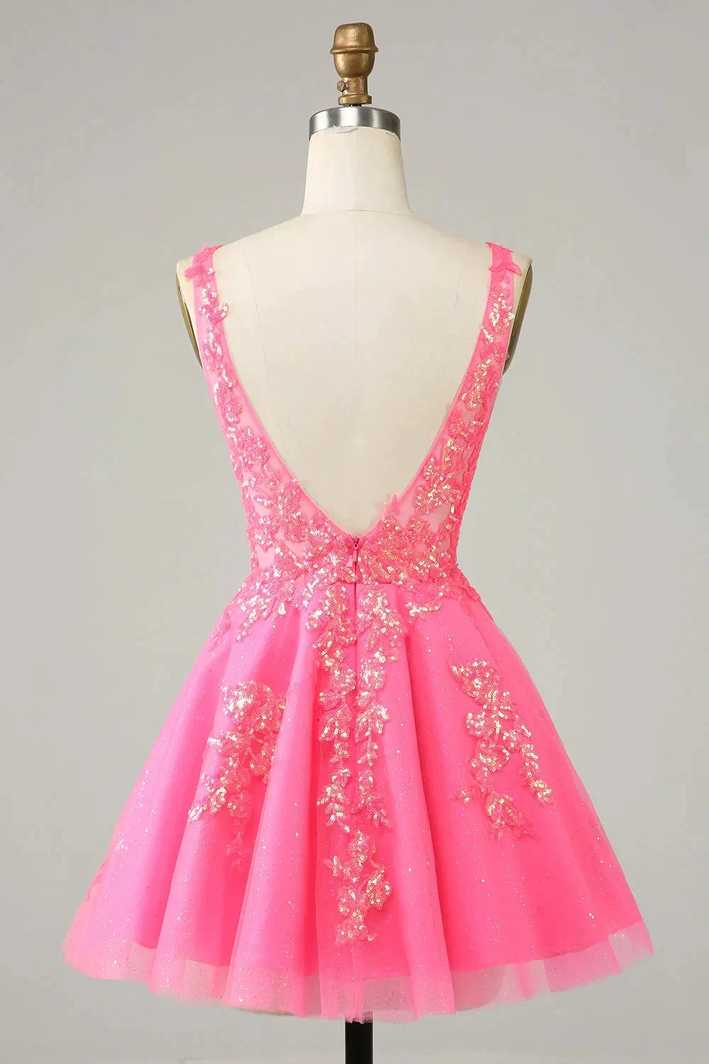 Fuchsia Sequined V Neck Backless Short Homecoming Dress Y4093