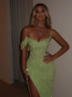 Sparkly Sage Green Sequins Off-The-Shoulder Split Prom Dress Formal Evening Gown Y7983
