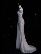 Sparkly Lilac Tulle Beaded Mermaid Off The Shoulder Evening Dress Long Prom Dress Y8054