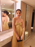 Women's Metallic Strapless Gold Long Evening Dress Y2803