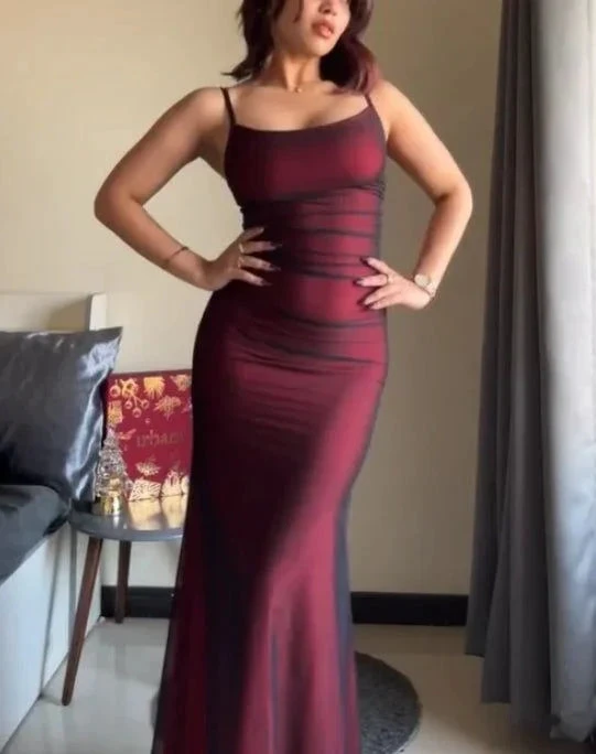 Vintage Burgundy Spaghetti Straps Prom Dress Evening Gown Y7780