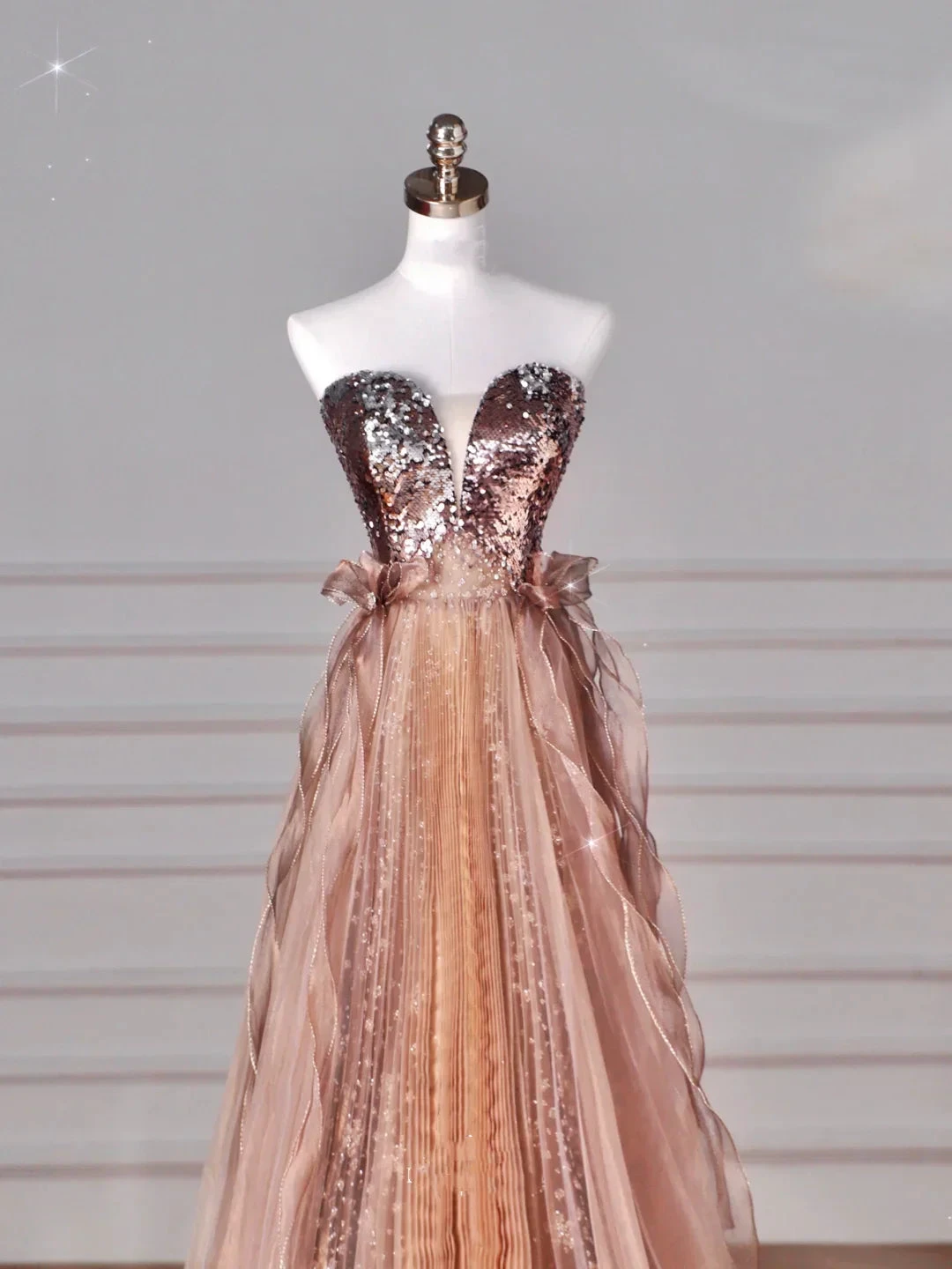 Vintage Rose Gold Strapless Tulle Sequins Beaded A Line Prom Dress Evening Dress Y8622