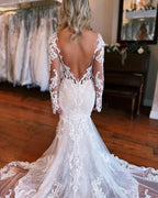 Fabulous Long Mermaid Backless V-neck Lace Wedding Dress With Detachable Train